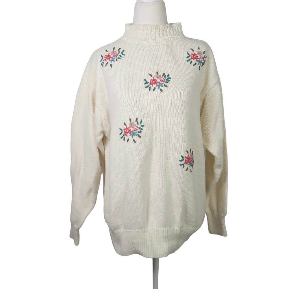 Vintage 80s cream cotton knit floral embroidered mockneck sweater L